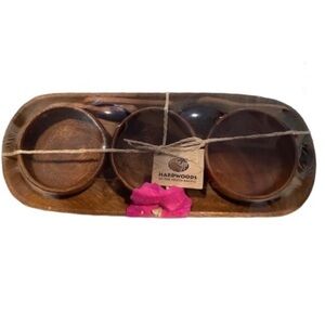 Hardwoods of the South Pacific Wooden 3 Dip Bowl Serving Set w/Tray & Spoons NEW